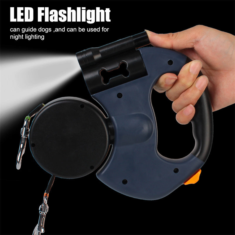 Dual Retractable Dog Leash with LED Light & Waste Bag Holder