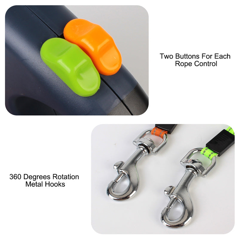 Dual Retractable Dog Leash with LED Light & Waste Bag Holder