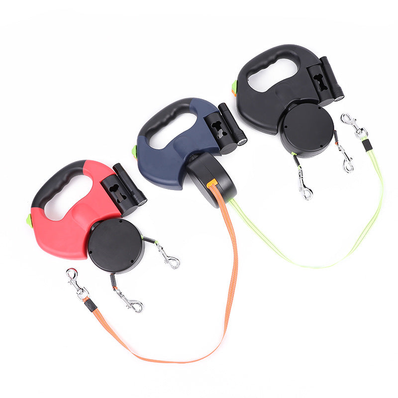 Dual Retractable Dog Leash with LED Light & Waste Bag Holder