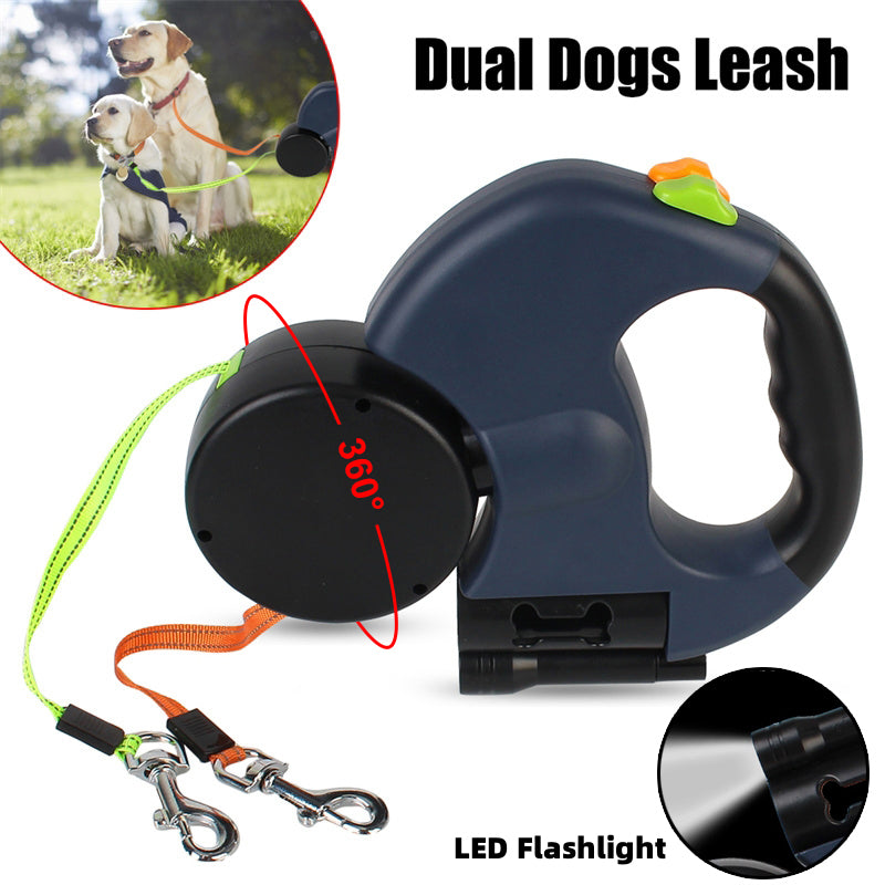 Dual Retractable Dog Leash with LED Light & Waste Bag Holder
